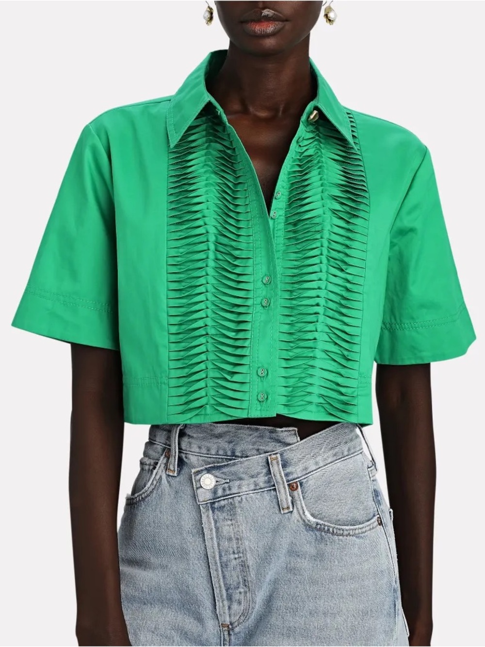 Aje. Green Pleated Crop Button Down Shirt - Size 4 (AU 8)